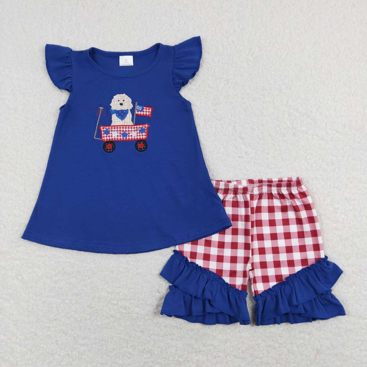 GSSO0460 Embroidery July 4th dog truck blue short sleeve red checkered shorts girls set