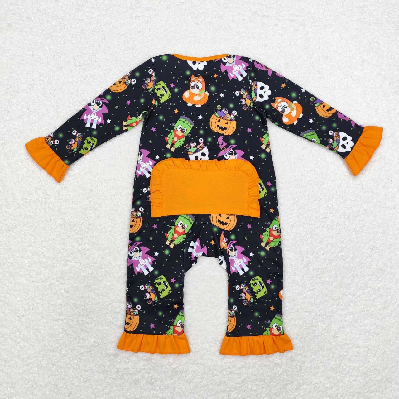 LR1694 Halloween pumpkin blue dog black orange long sleeve zipper girls romper