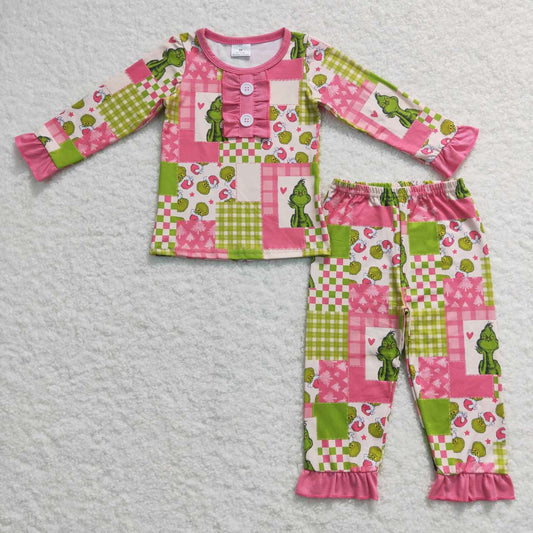 GLP0846 Christmas green face pink long sleeve pants girls pajamas