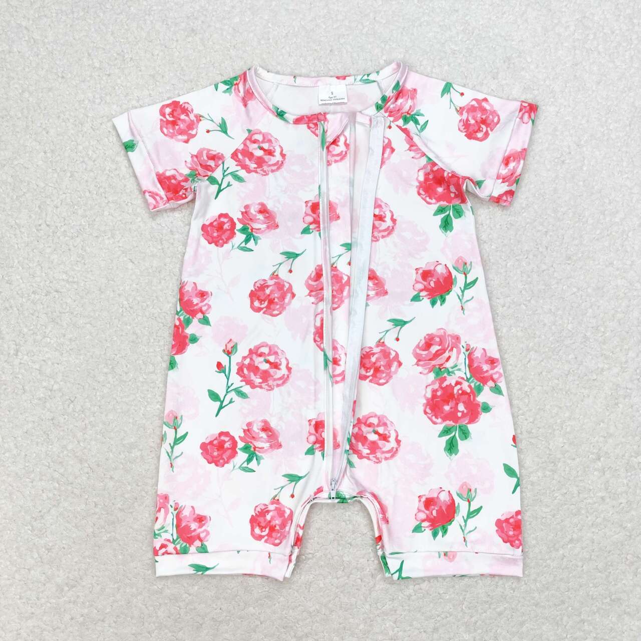 SR1768 hot pink flowers short sleeve girls zipper romper