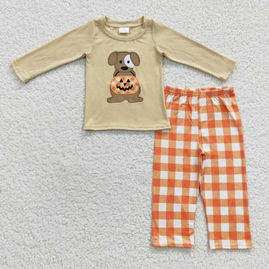 BLP0170 Embroidery Halloween Dog Pumpkin Long Sleeves Orange Strip Pants Boys Set