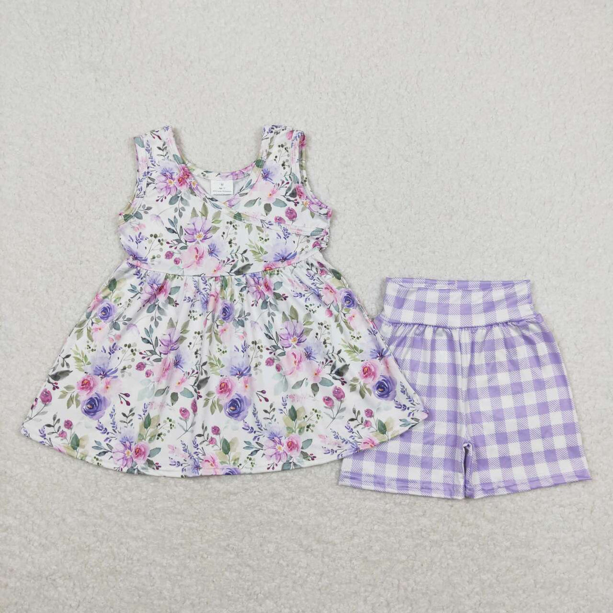 GSSO0742 Pink flowers sleeveless purple checkered shorts girls set