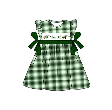 custom style EAGLES green checkered flutter sleeve girls bows dress