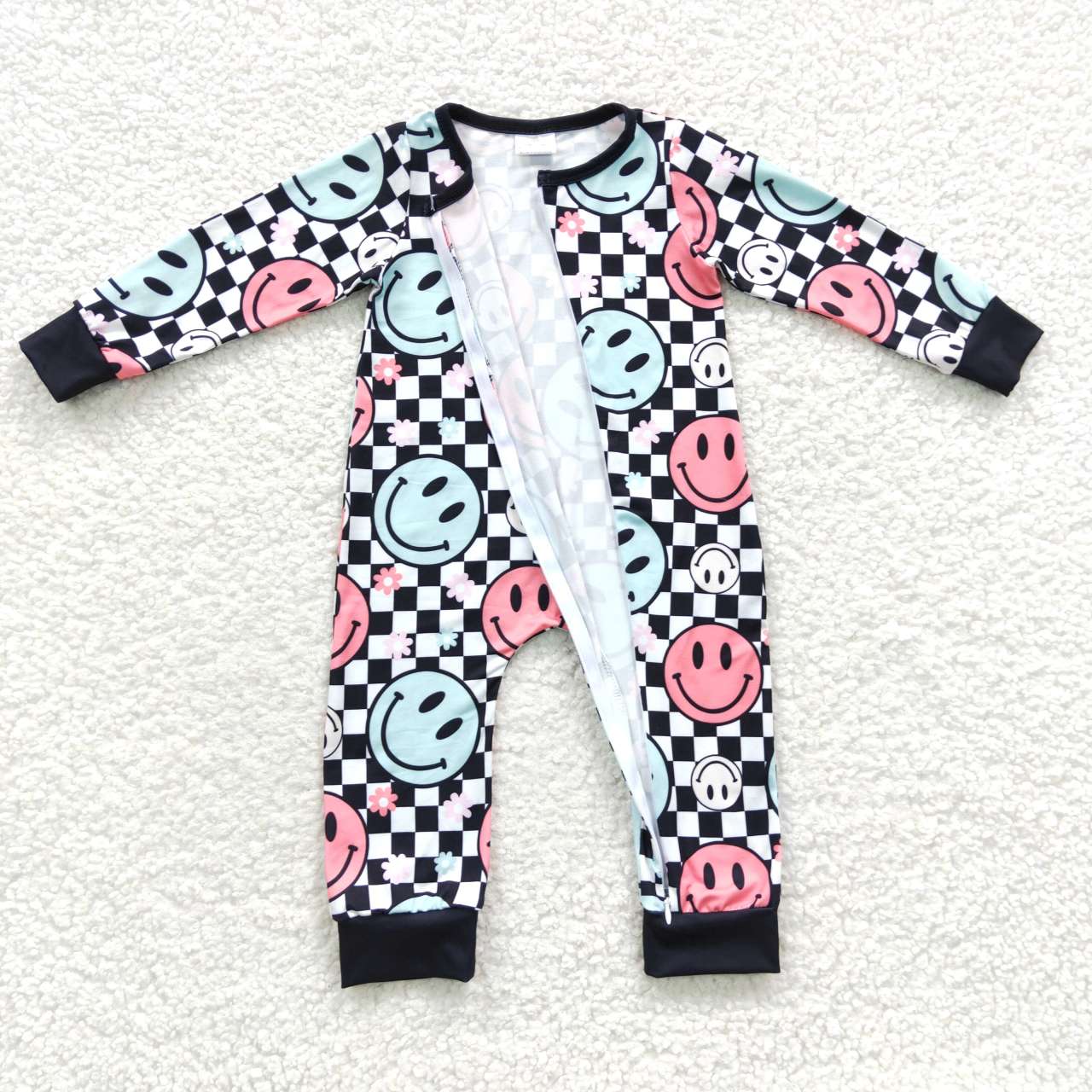 LR0304 Blue Pink Smile Black Cell Kids Long Sleeve Romper