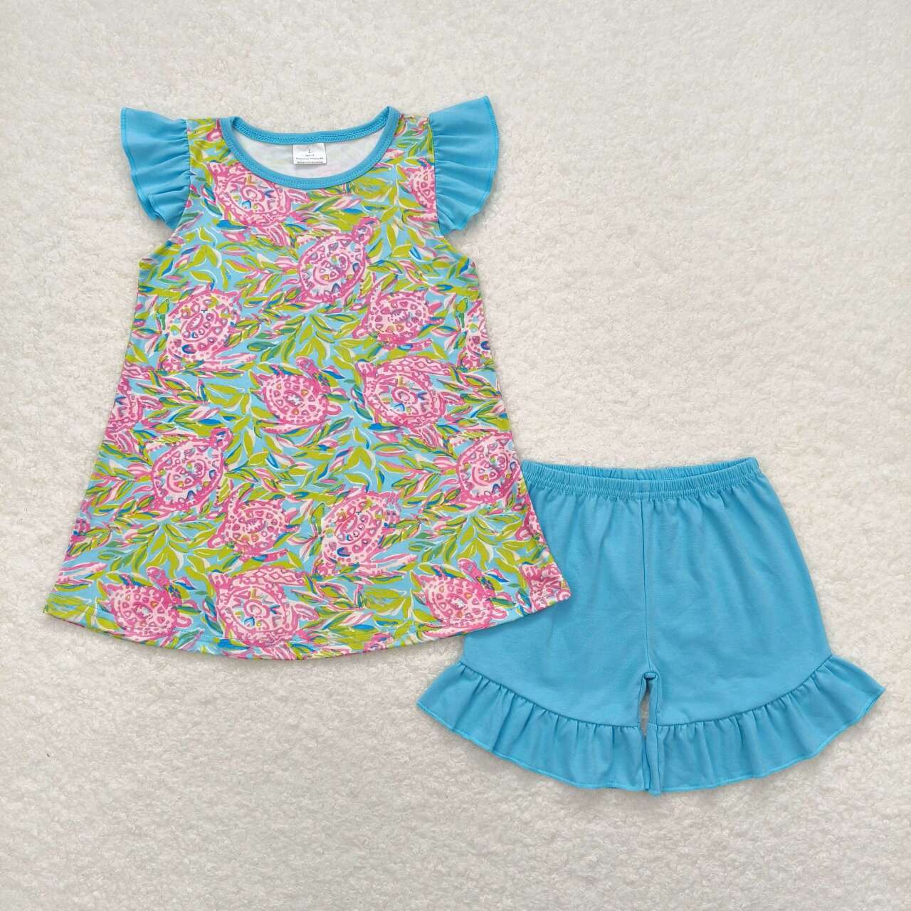 GSSO1095 hot pink tortoise leaf flutter sleeve blue ruffles shorts girls set