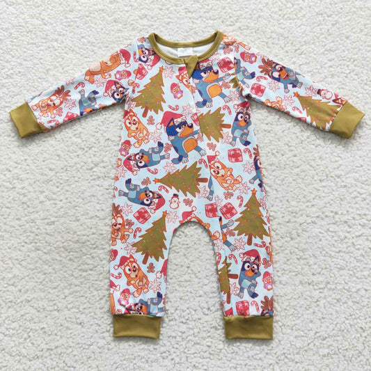 LR0513 Christmas cartoon dog green long sleeve boys romper