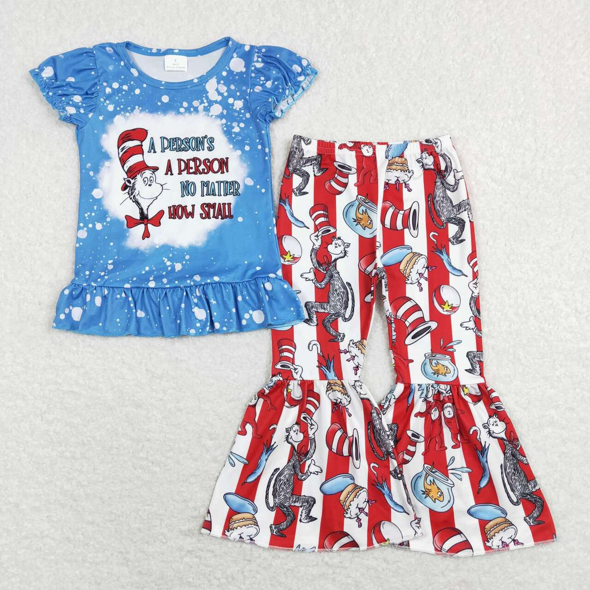 GSPO1093 Dr blue short sleeve red striped pants girls set