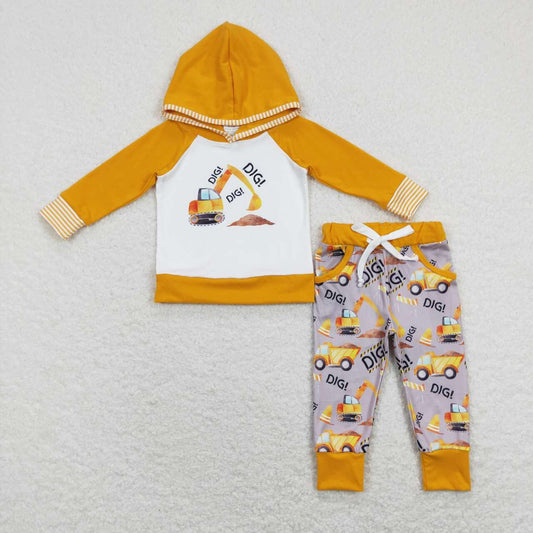 BLP0452 Baby Boy Dig Excavator Orange Long Sleeve Hoodie Grey Pockets Pants Boys Set Kids Clothes