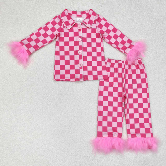 GLP1256 hot pink checkered long sleeve pants girls pajamas