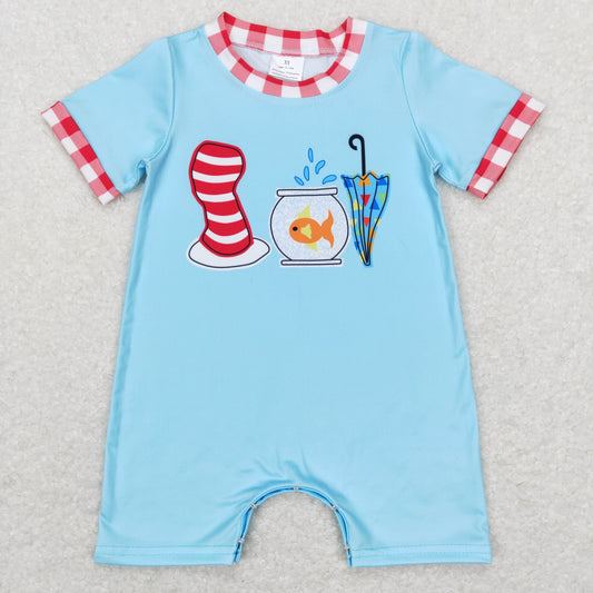 SR0767 Dr Cartoon Fish Umbrella Blue Short Sleeve Boys Romper