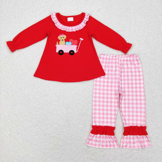 GLP0900 Valentine's Day dog heart red long sleeve pink cell pants girls set