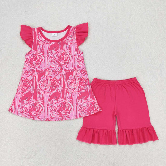 GSSO1087 flamingo hot pink flutter hot pink shorts girls set