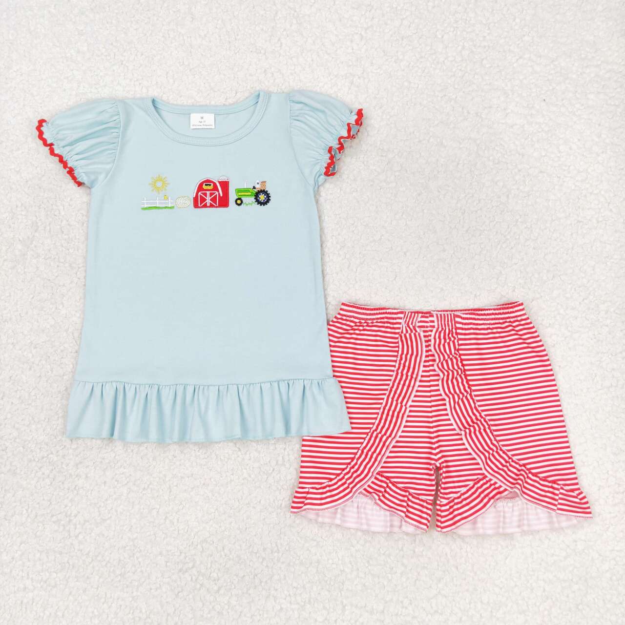 GSSO0788 embroidery Farm house sun tractor white short sleeve red striped shorts girls set