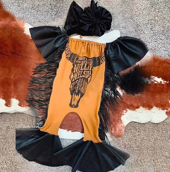 preorder SR0428 Western cow orange tassels kids romper