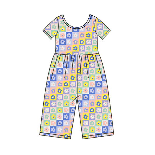 preorder SR0484 Colorful checkered flowers short sleeve girls jumpsuits