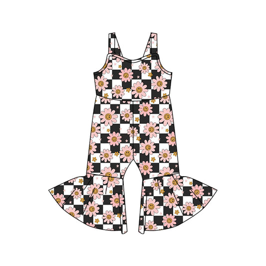 preorder SR0527 Pink smile flowers black checkered sleeveless girls jumpsuits