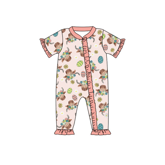preorder SR0548 Western highland cow egg pink short sleeve girls romper