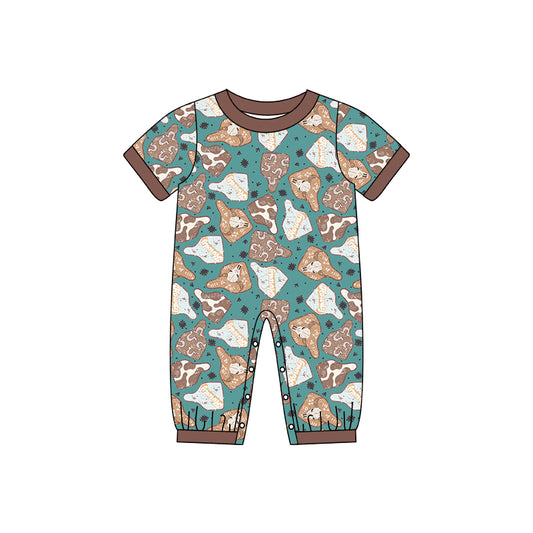 preorder SR0599 Western cow print green short sleeve boys romper