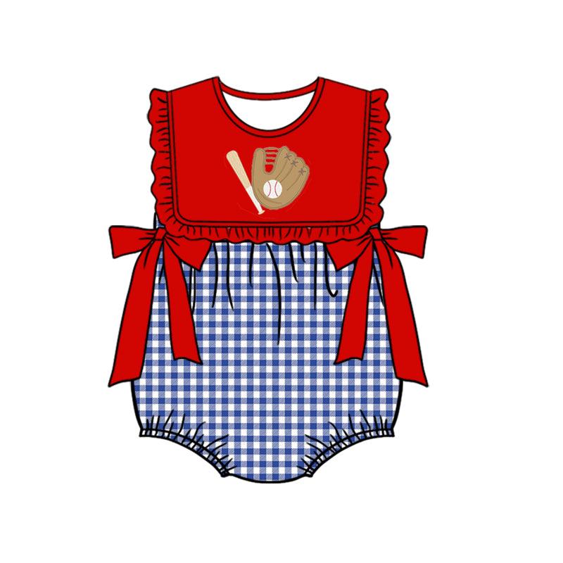 preorder SR0615 Play baseball red ruffles blue checkered sleeveless girls romper