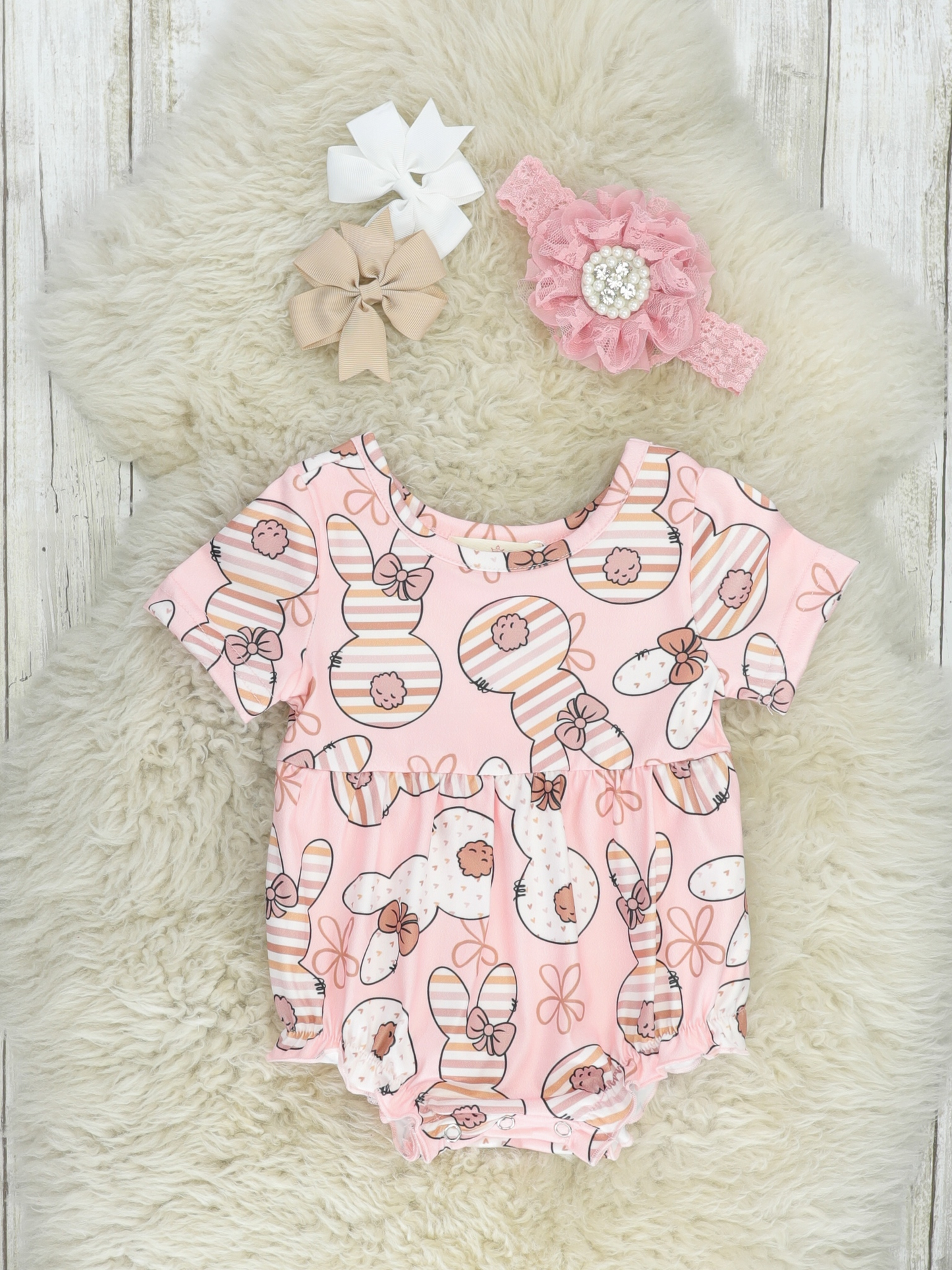 preorder SR0618 Easter rabbit flowers pink short sleeve girls romper