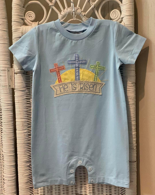 preorder SR0622 Easter He is Risen blue short sleeve kids romper