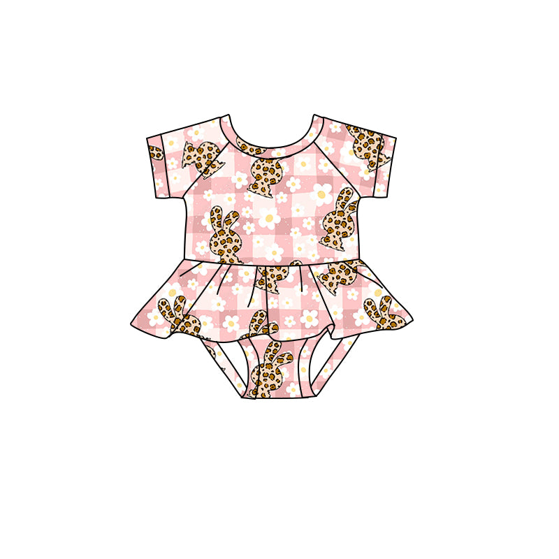 preorder SR0655 Easter leopard rabbit pink flowers checkered short sleeve girls romper