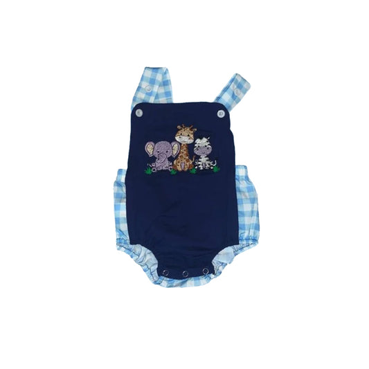 preorder SR0661 Elephant giraffe zebra animals navy sleeveless boys romper