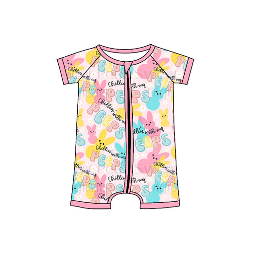 preorder SR0670 Easter colorful rabbit peep pink short sleeve zipper girls romper