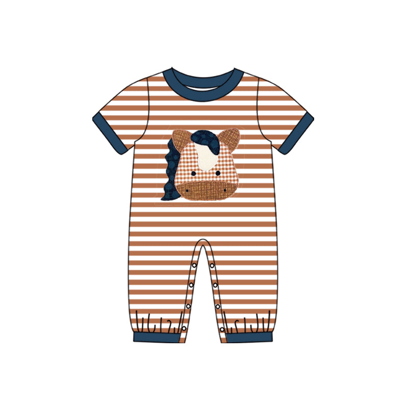 Custom moq 20 bamboo Horse brown striped short sleeve boys romper