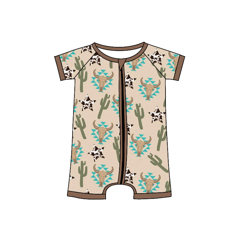 preorder SR0676 Western Aztec cactus cow short sleeve boys romper