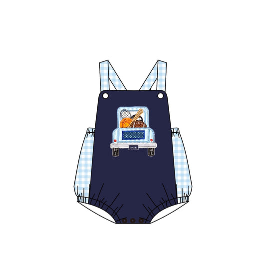 preorder SR0678 Play baseball football truck navy blue checkered sleeveless boys romper