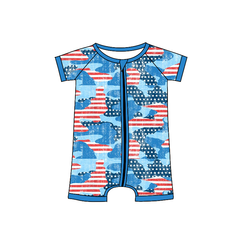 preorder SR0682 July 4th red striped star blue short sleeve boys romper