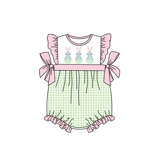 preorder SR0703 Easter rabbit green checkered pink flutter sleeve girls romper