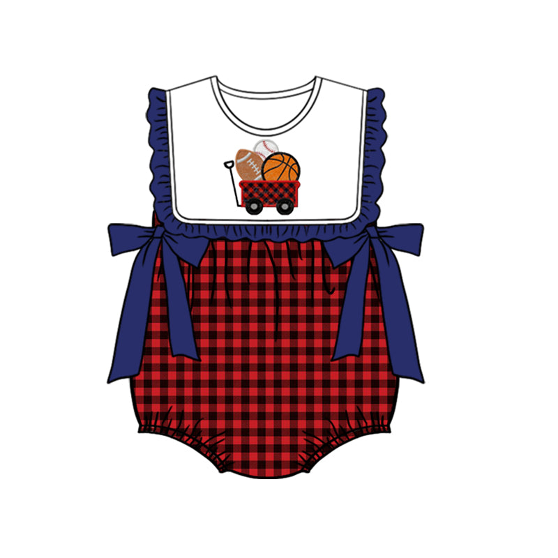 preorder SR0752 Football Basketball Baseball Red Checkered Sleeveless Girls Romper