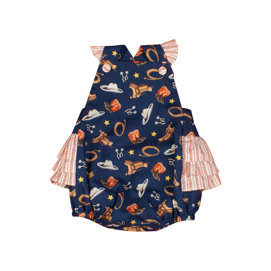 preorder SR0755 Western Hat Boot Blue Flutter Short Girls Romper