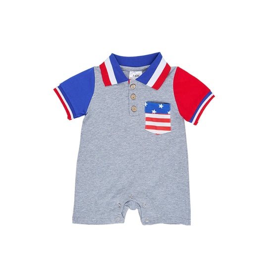 preorder SR0764 July 4th Star Pocket Grey Short Sleeve Boys Romper