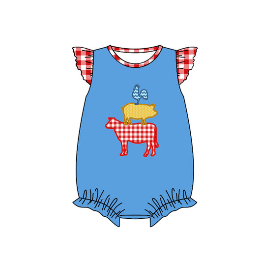 preorder SR0765 Farm  Chick Pig Cow Blue Flutter Sleeve Girls Romper