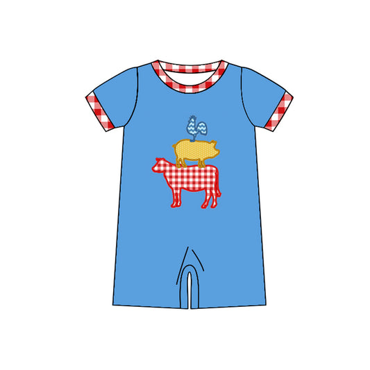 preorder SR0766 Farm Chick Pig Cow Blue Short Sleeve Boys Romper