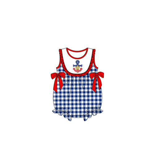 preorder SR0773 July 4th Boat Anchor Navy Checkered Sleeveless Girls Romper