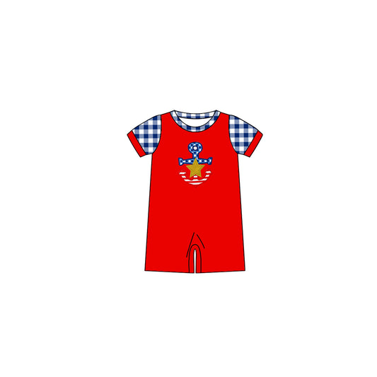 preorder SR0774 July 4th Boat Anchor Red Short Sleeve Boys Romper