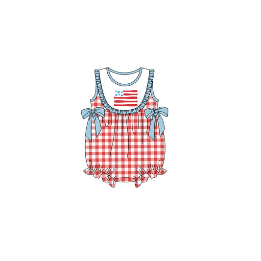 preorder SR0777 July 4th Flag Red Checkered Sleeveless Girls Romper