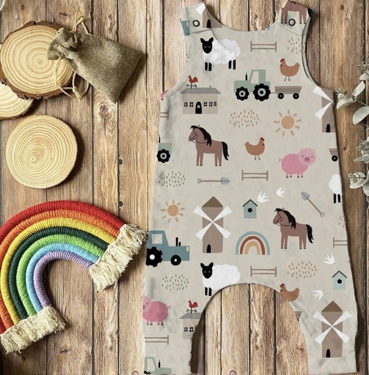 preorder SR0792 Farm Horse Tractor Cow Pig Sleeveless Kids Romper