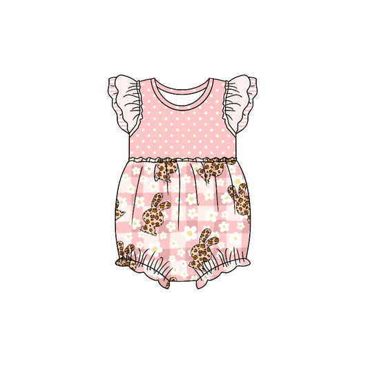 preorder SR0797 Easter Leopard Rabbit Pink Flowers Checkered Flutter Sleeve Girls Romper