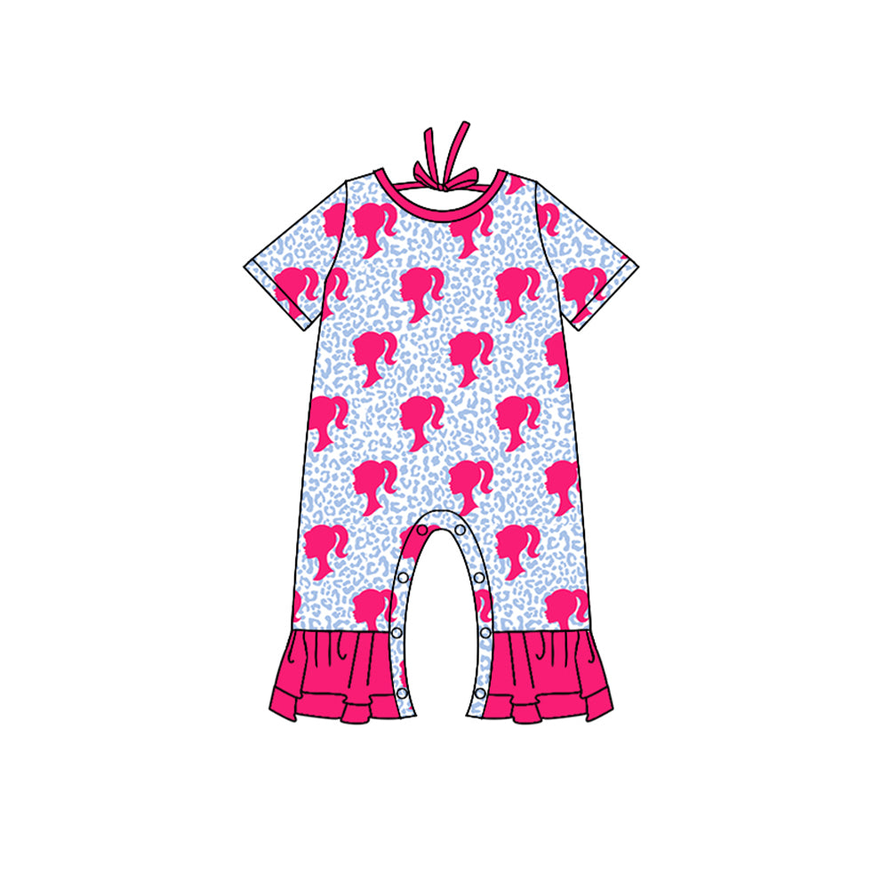 preorder SR0798 Girl BA Cartoon Blue Leopard Hot Pink Short Sleeve Girls Romper