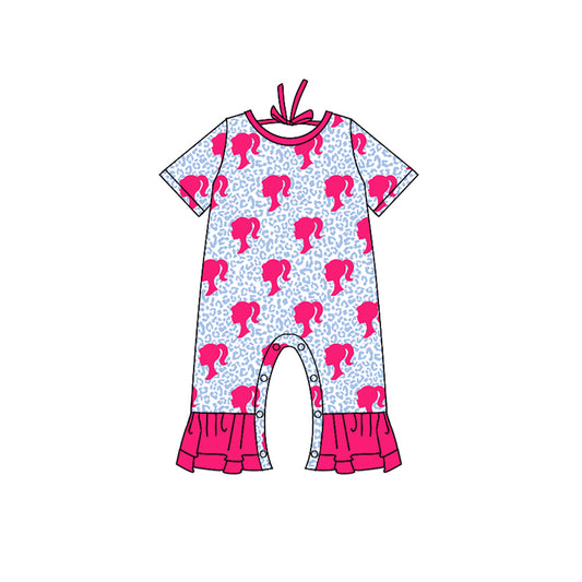 preorder SR0798 Girl BA Cartoon Blue Leopard Hot Pink Short Sleeve Girls Romper
