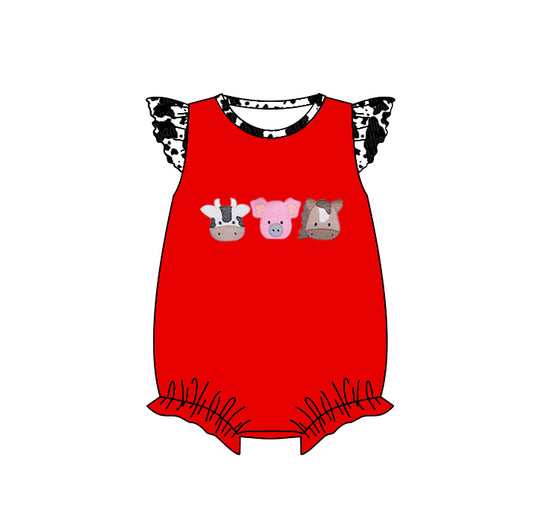 preorder SR0799 Baby Farm Cow Pig Horse Red Flutter Sleeve Girls Romper