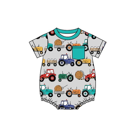 preorder SR0801 Baby Farm Blue Pocket Tractor Truck Short Sleeve Boys Romper