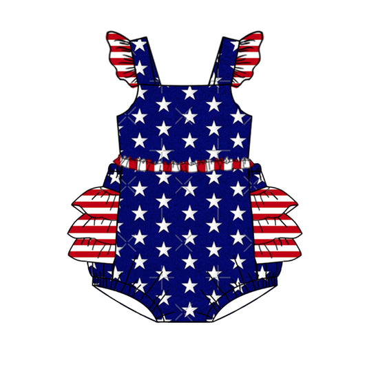 preorder SR0812 July 4th Blue Star Flutter Sleeve Girls Romper