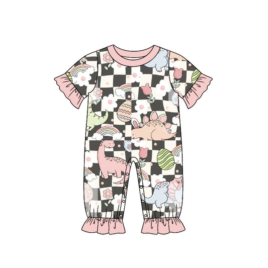 preorder SR0816 Easter Egg Rainbow Pink Dinosaur Checkered Short Sleeve Girls Romper