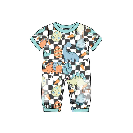 preorder SR0817 Easter Egg Rainbow Blue Dinosaur Checkered Short Sleeve Boys Romper